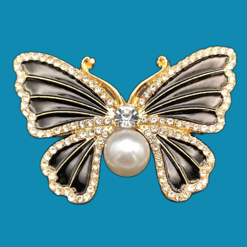 Elegant Black Enamel Butterfly Brooch Pin Gold Tone Rhinestone Pearl Fashion
